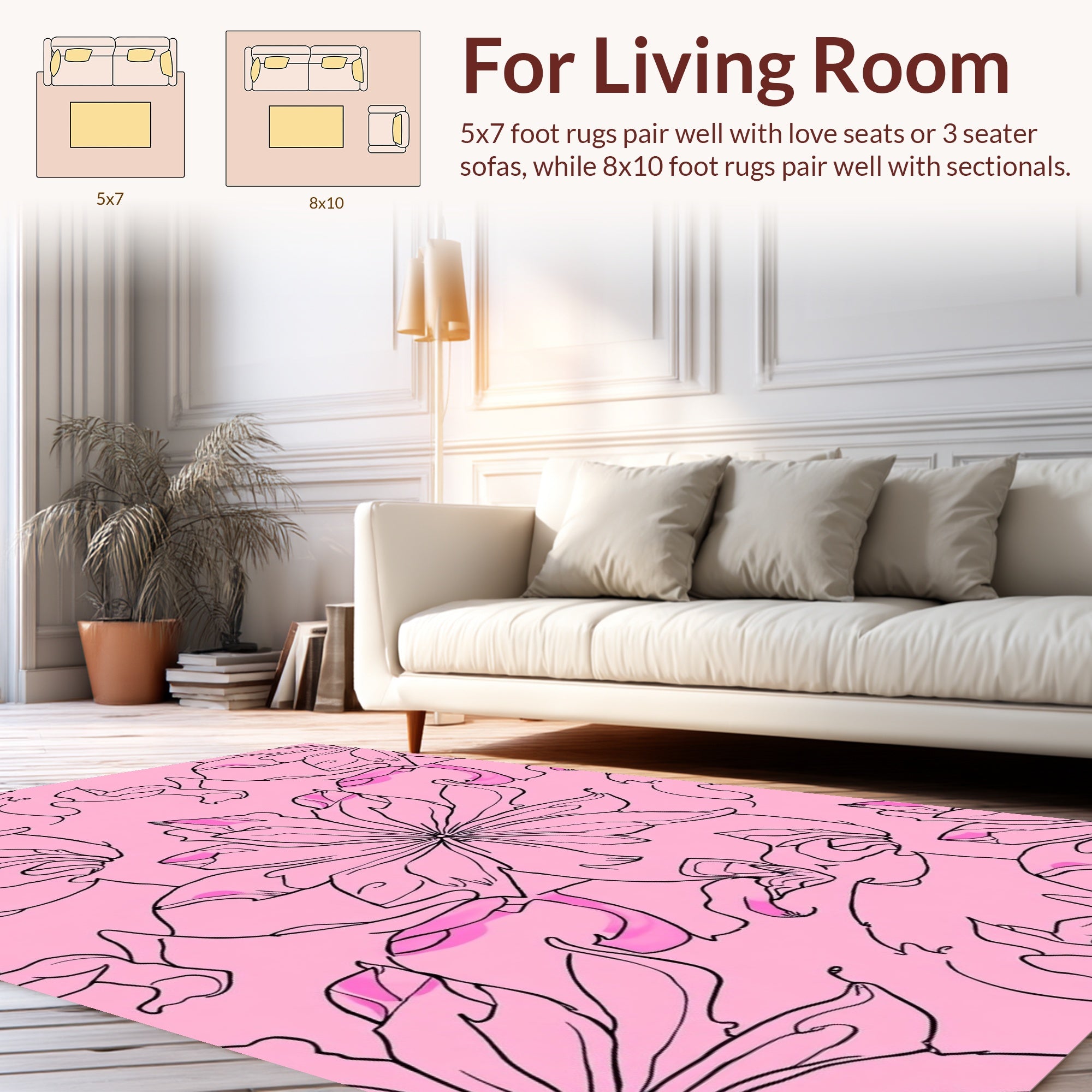 Charming Pink Floral Line Art Rug
