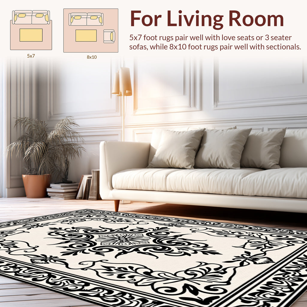 Ornate Floral Border Scroll Scrollwork Design Rug