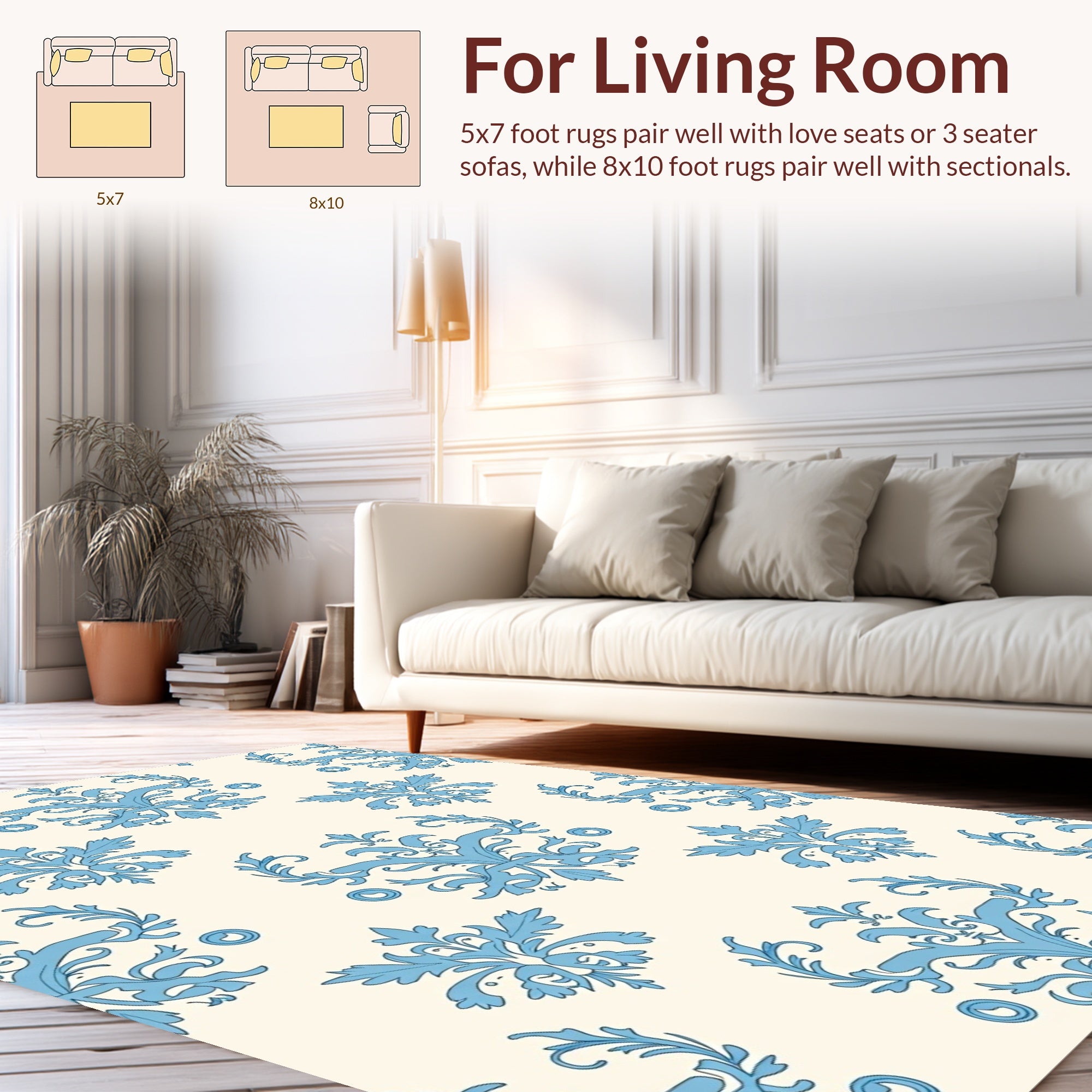 Classic Blue Floral Acanthus Damask Pattern Rug