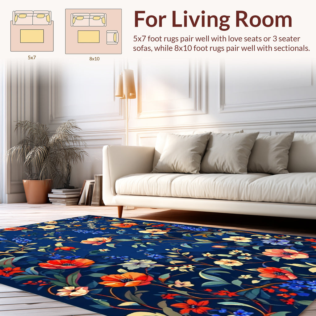 Vintage Floral Pattern on Deep Blue Rug