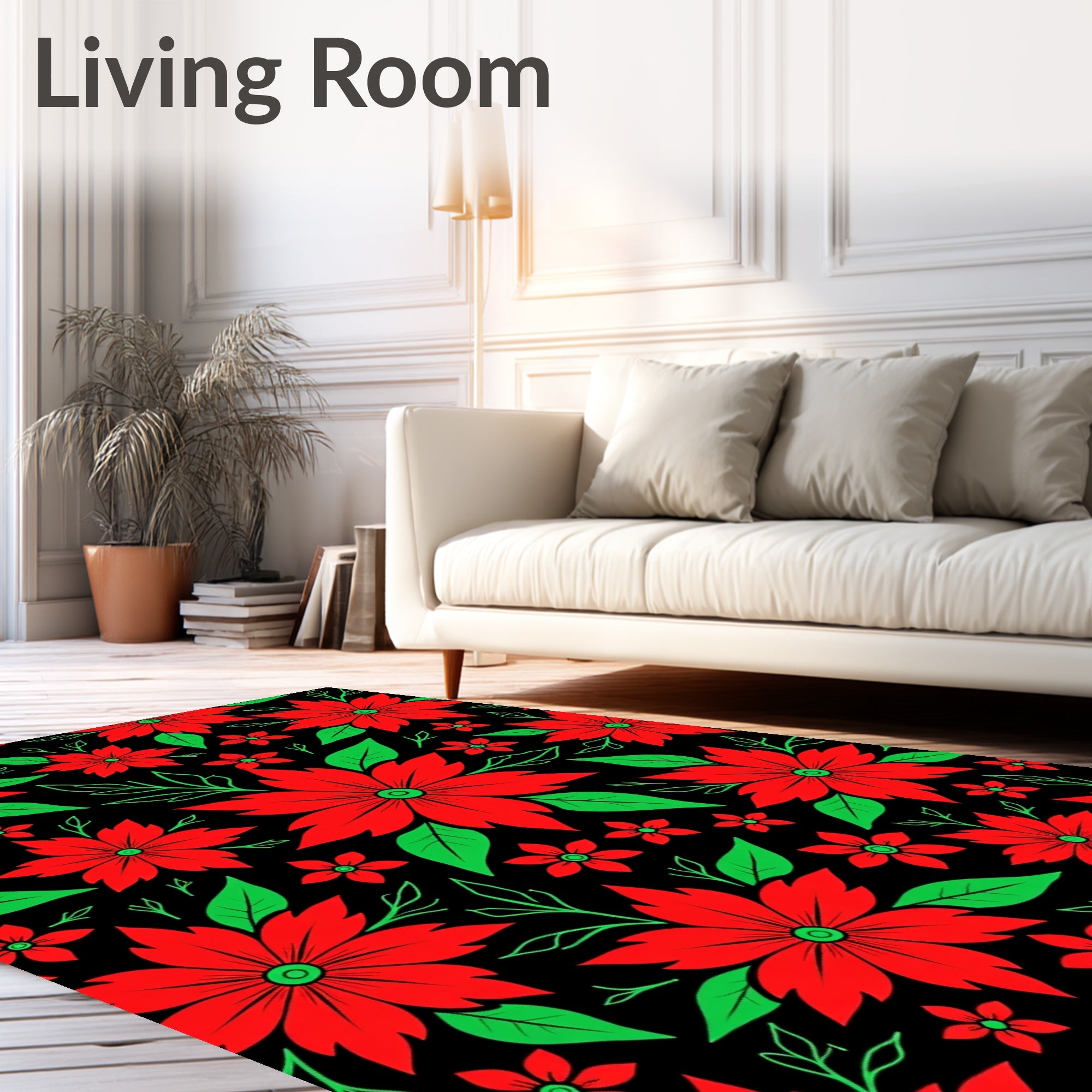 Vibrant Red Floral Garden Black Rug