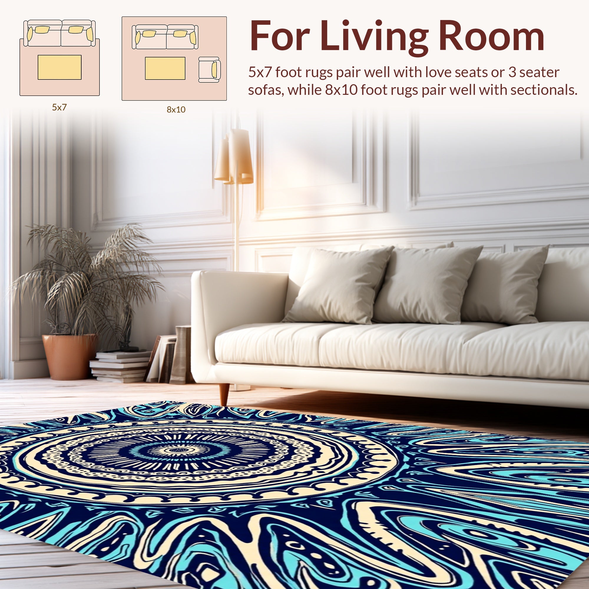 Symmetrical Aqua Swirl Mandala Pattern Rug