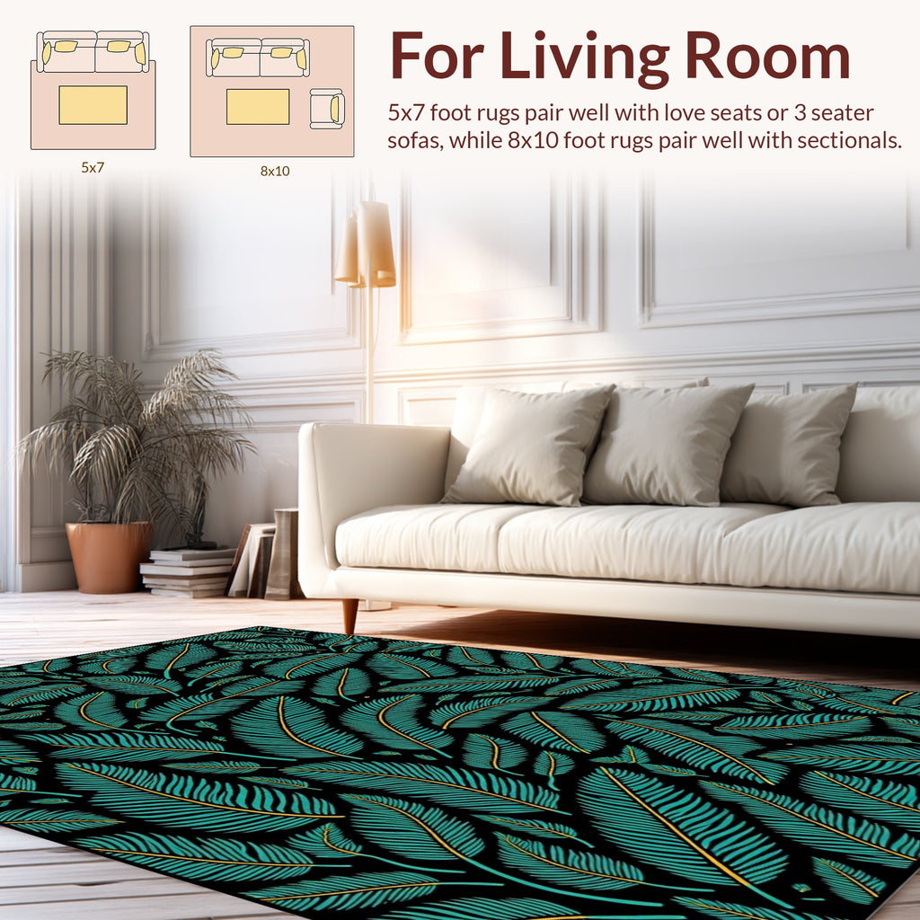 Teal And Gold Leaf Pattern Design Rug