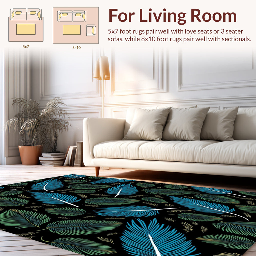Tropical Blue and Green Leaf Pattern Rug