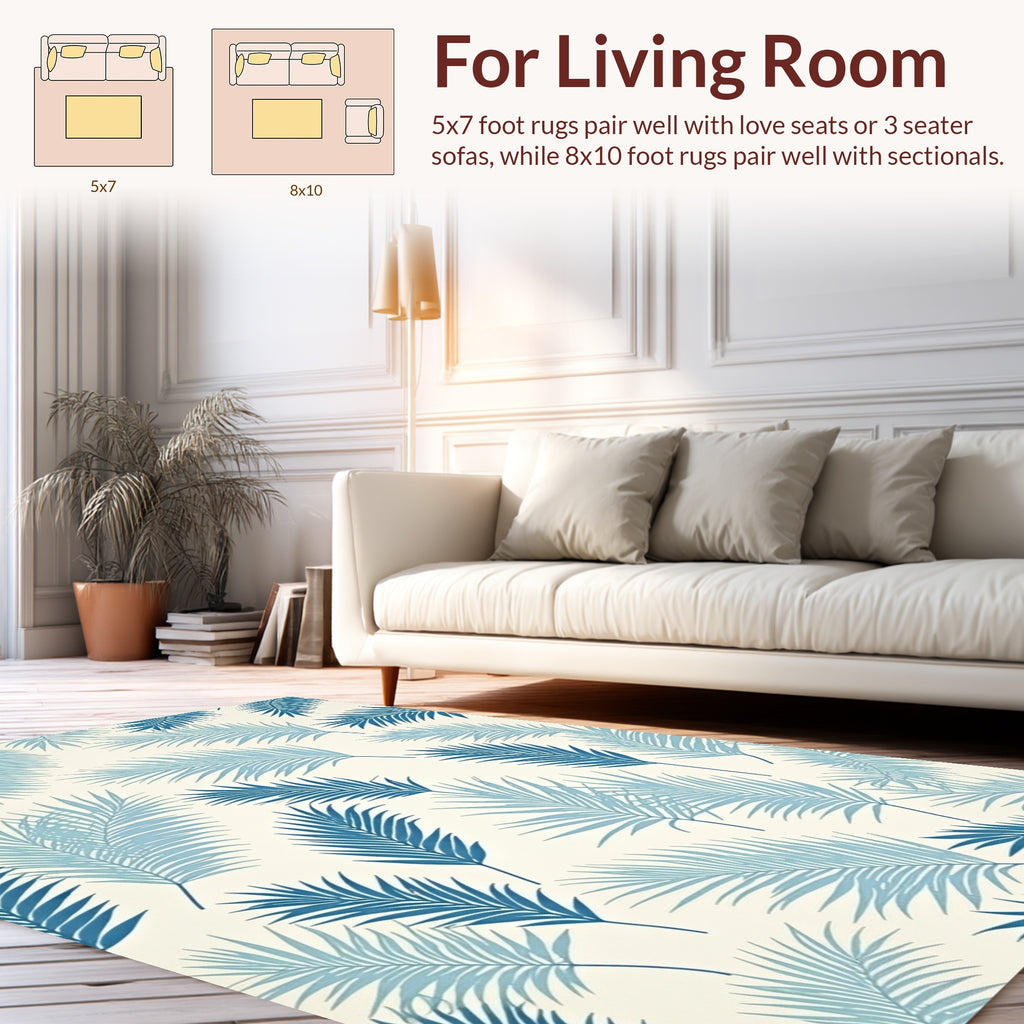 Tropical Leaf Patterned Blue Fibers Rug