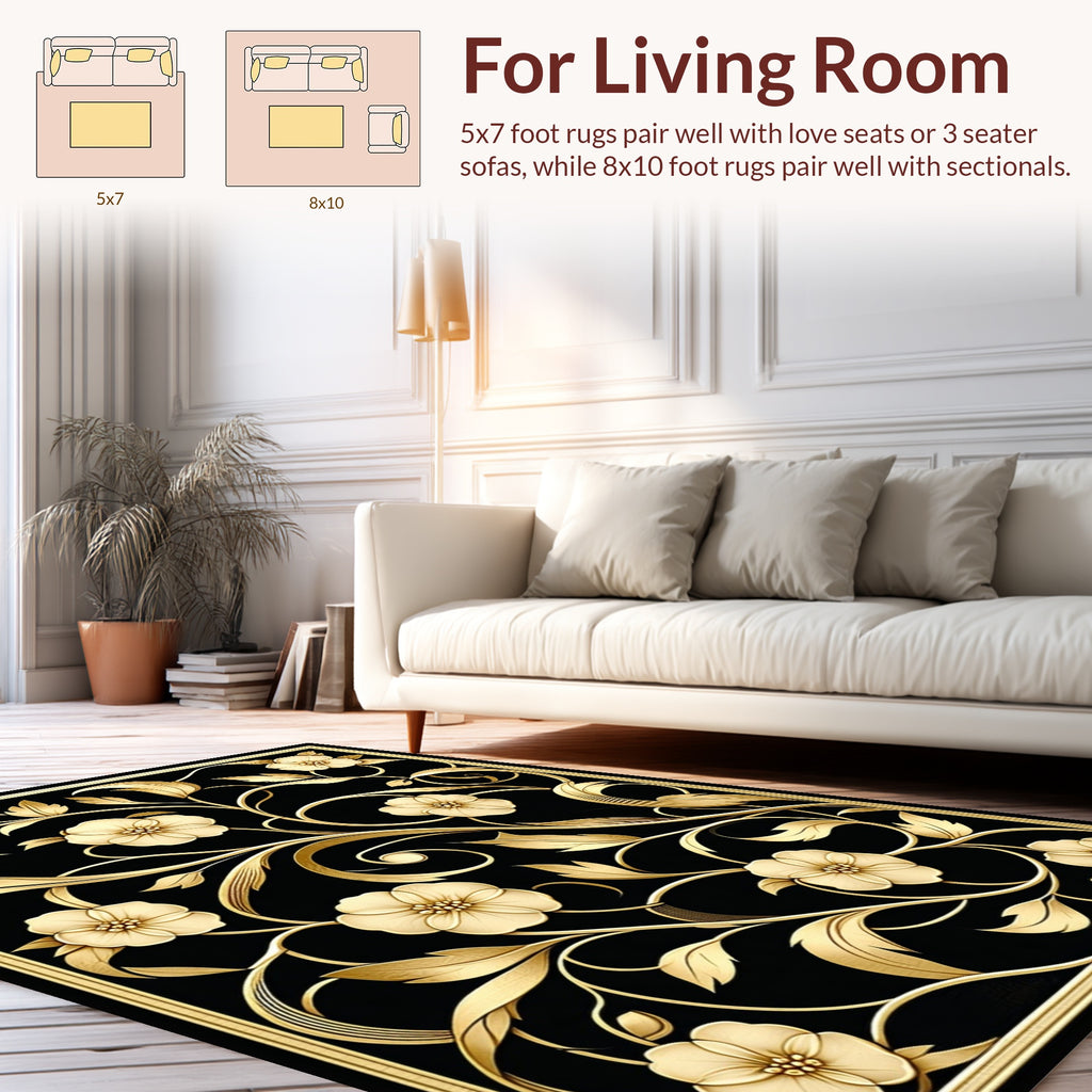 Ornate Gold Floral Black Relief Rug
