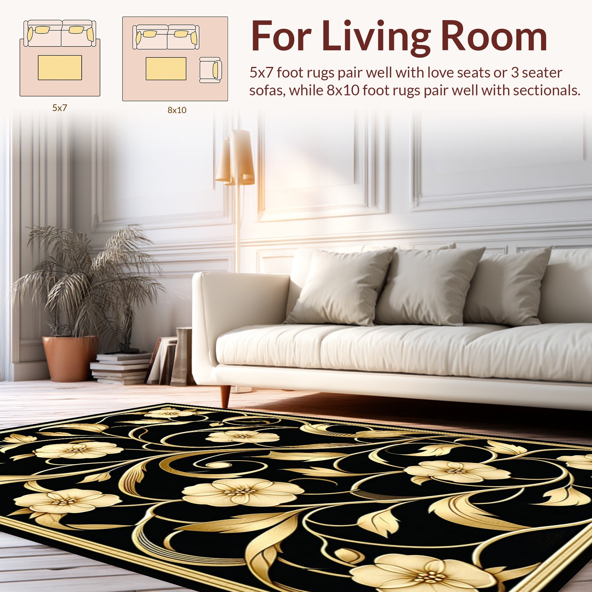 Ornate Gold Floral Black Relief Rug