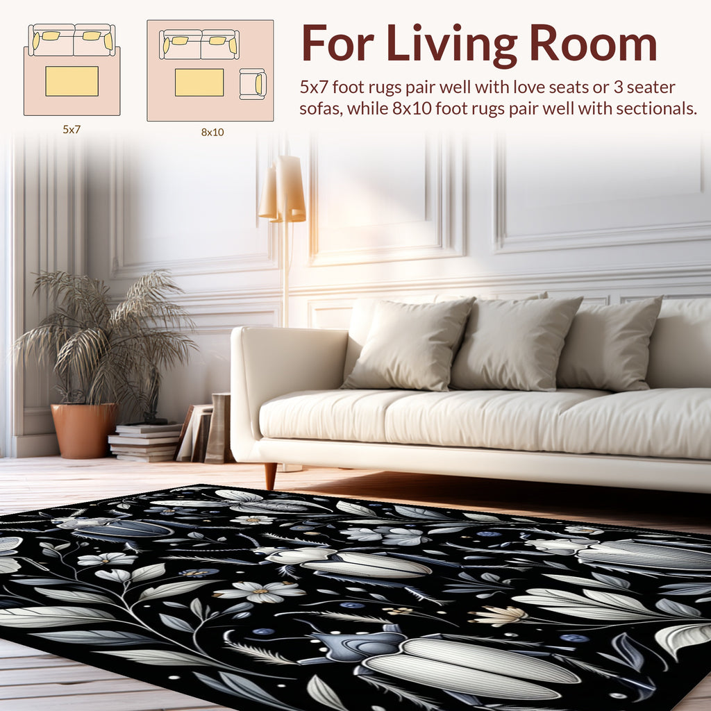 Monochromatic Insects Floral Pattern Rug