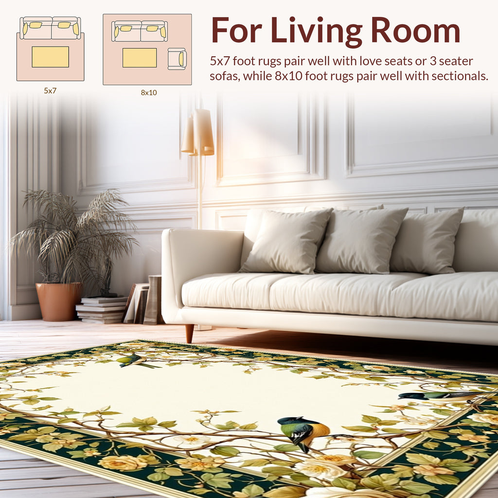 Ornate Floral Vines and Birds Design Rug