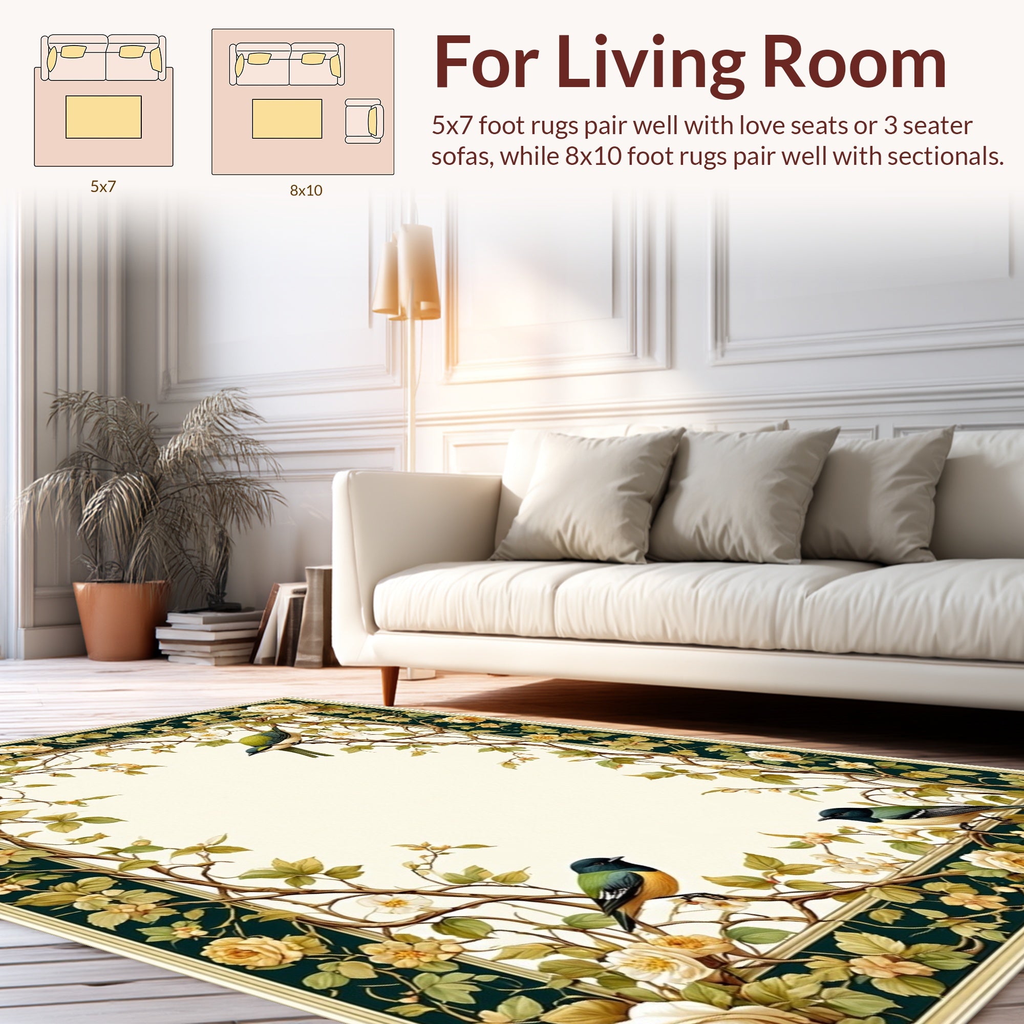 Ornate Floral Vines and Birds Design Rug