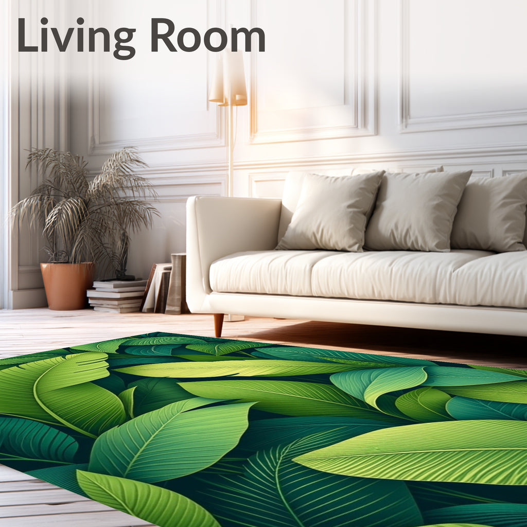 Lush Green Tropical Leaf Pattern Rug