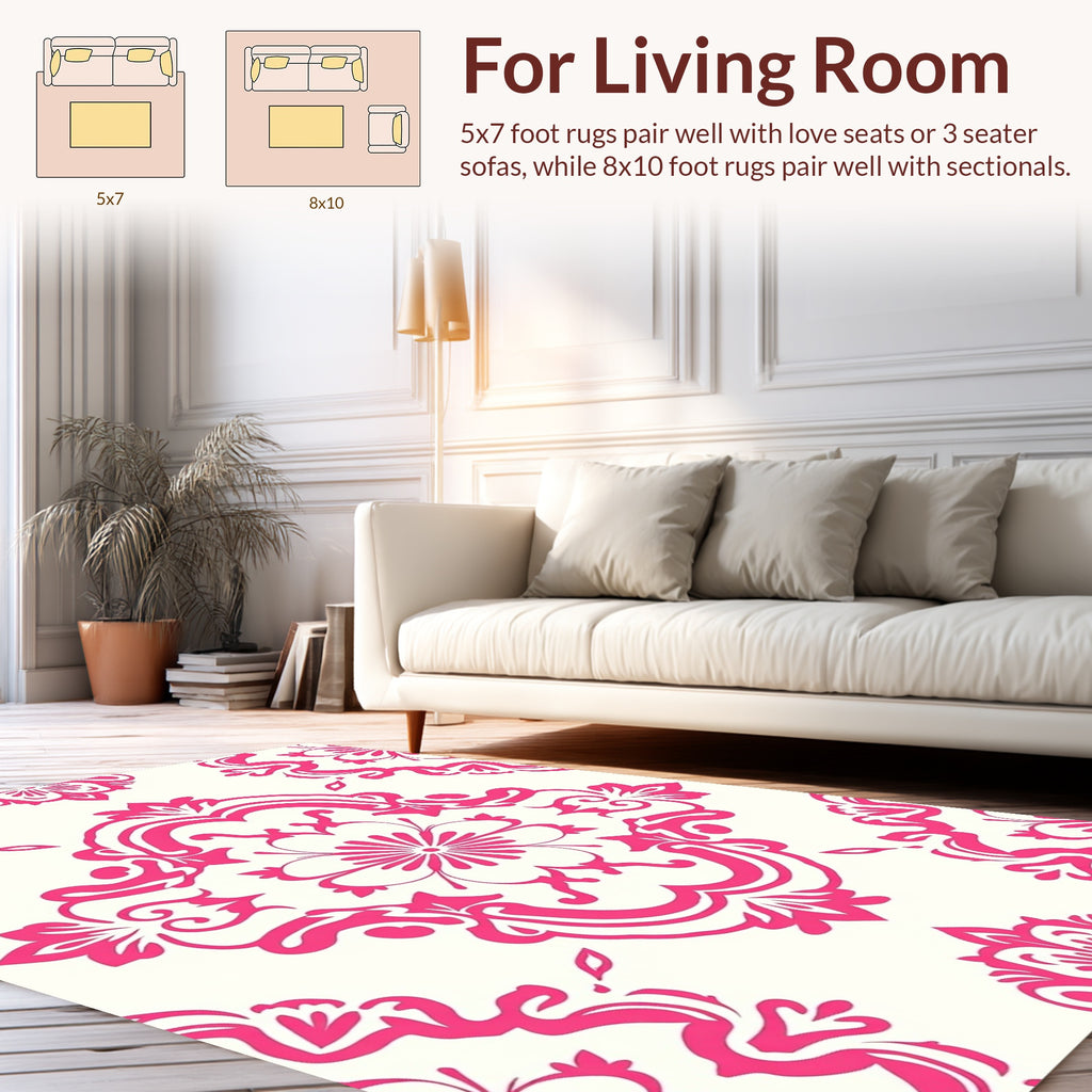Pink Floral Scroll Traditional Damask Pattern Rug