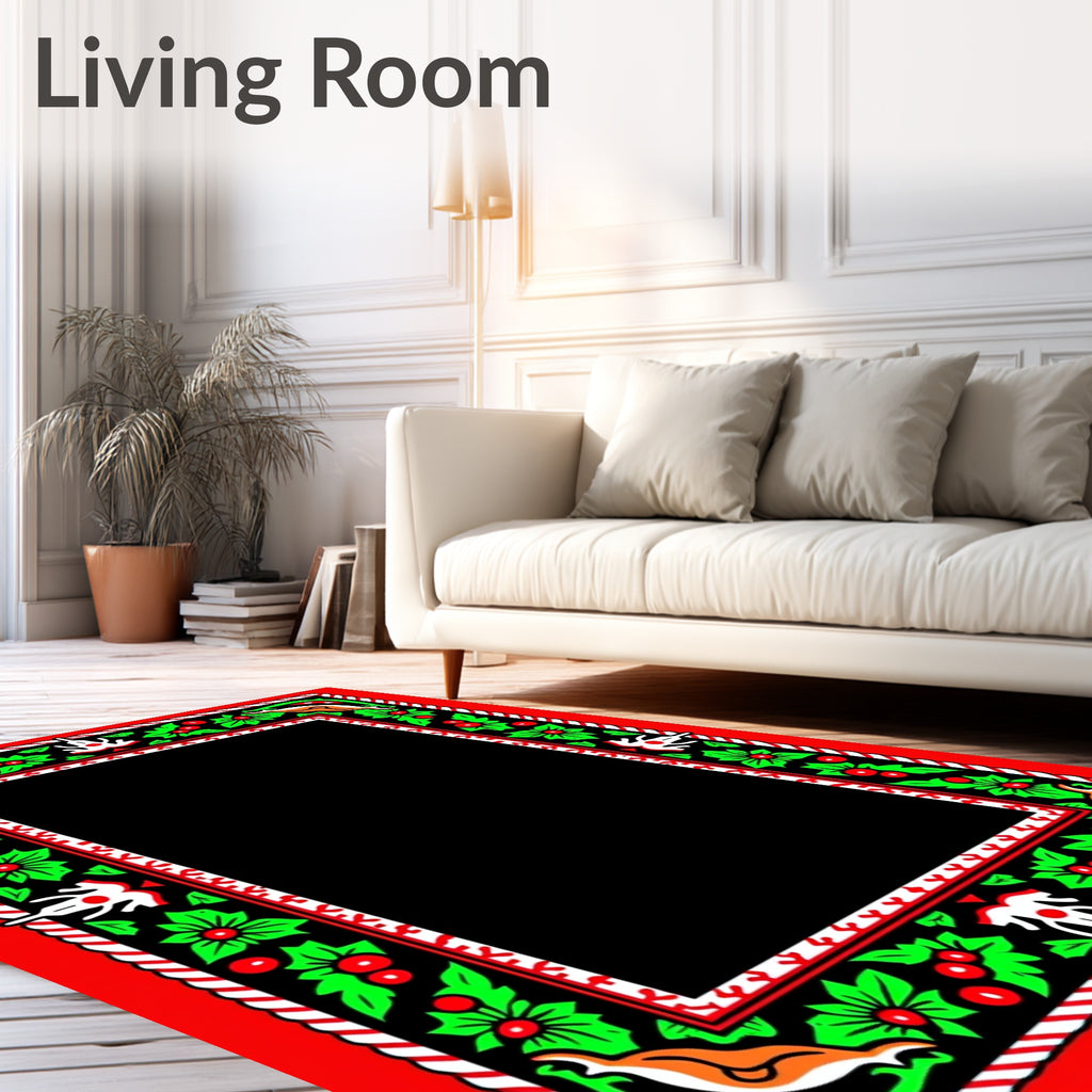 Vibrant Red Holly Folk Art Border Rug