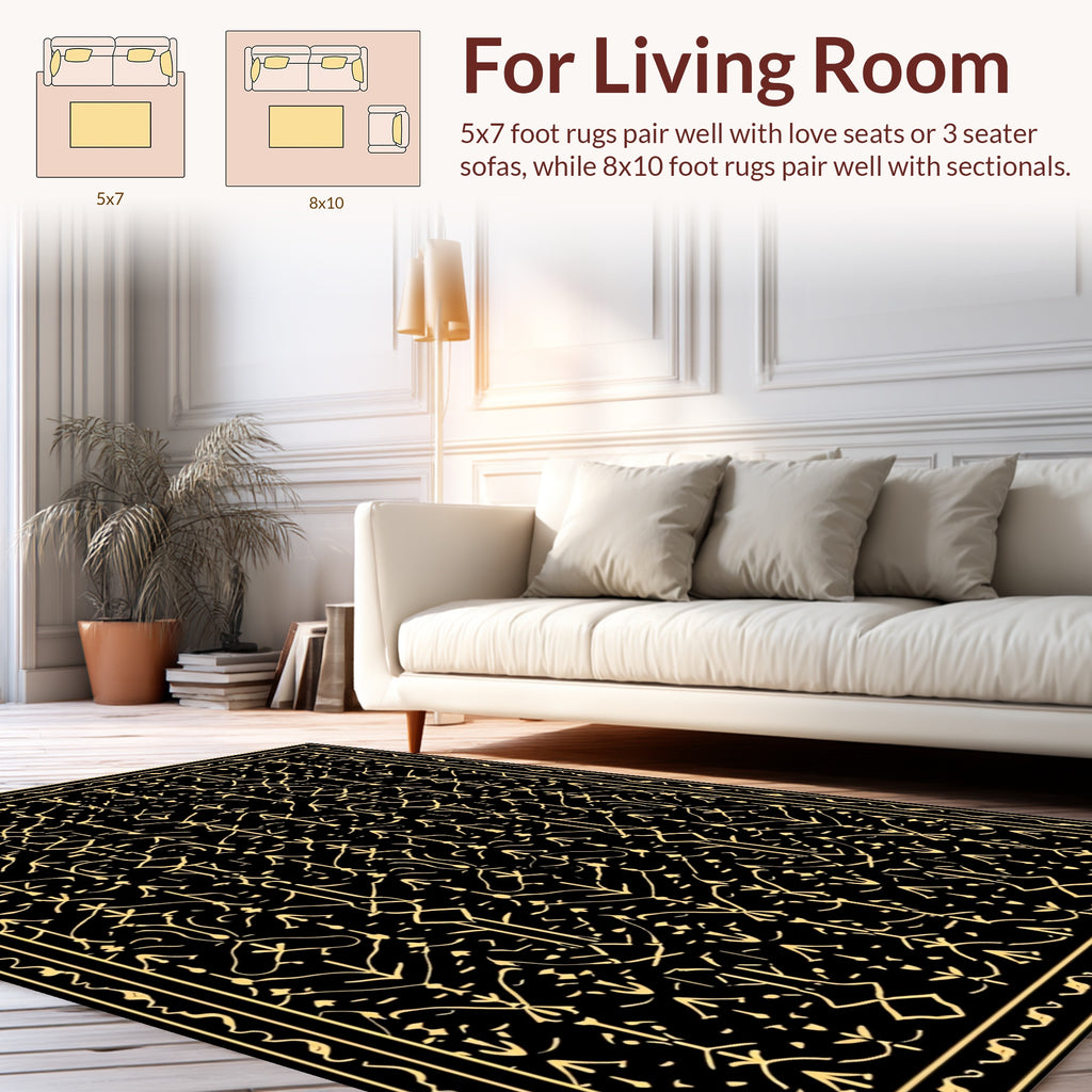 Ornate Black and Gold Geometric Pattern Rug