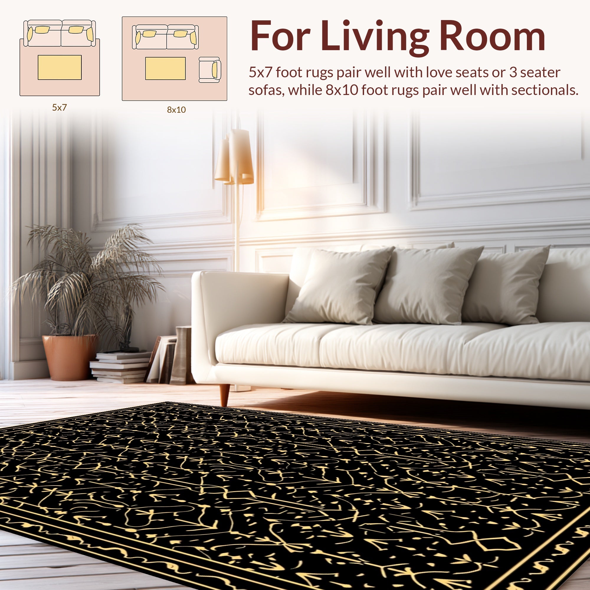 Ornate Black and Gold Geometric Pattern Rug