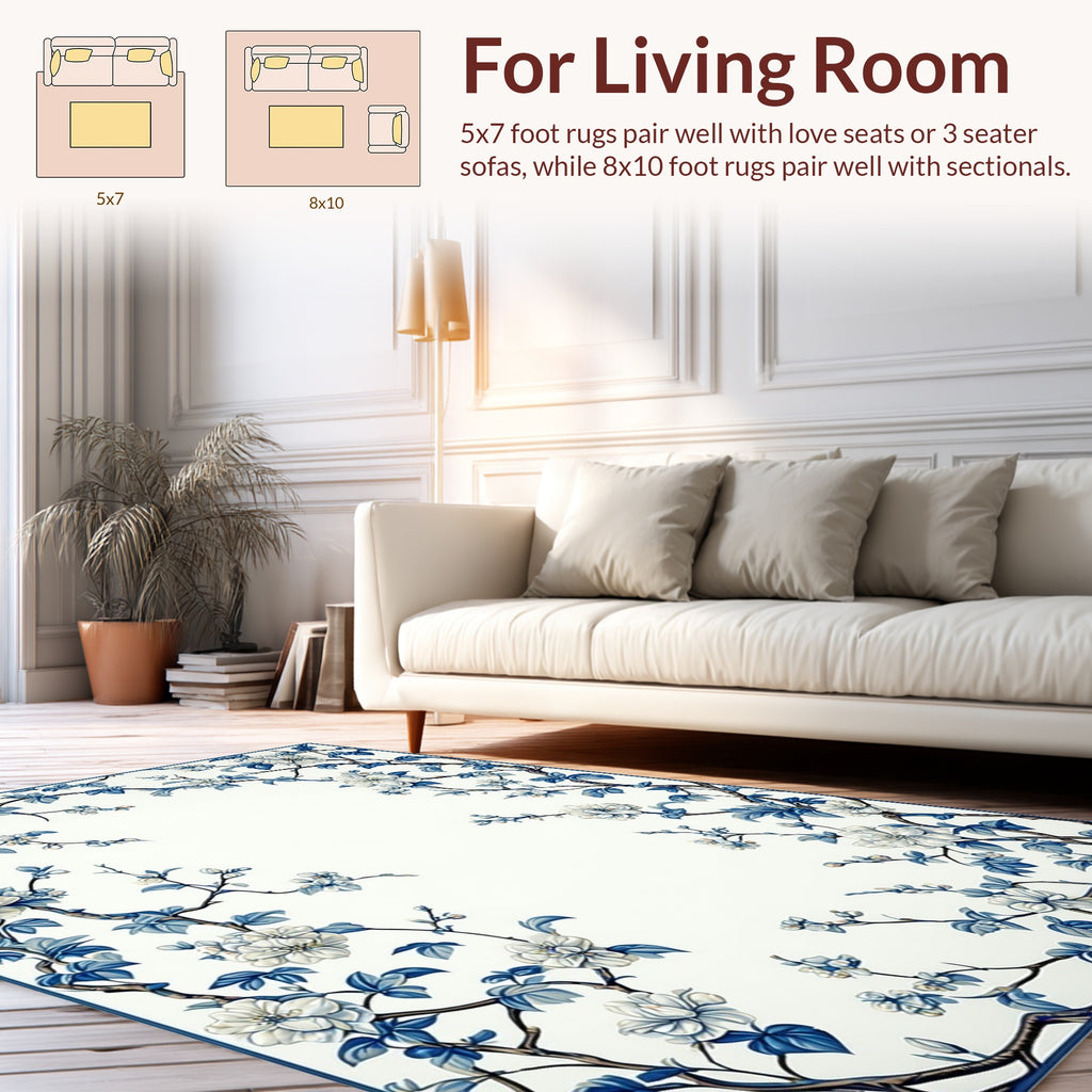 Classic White and Blue Floral Vine Rug