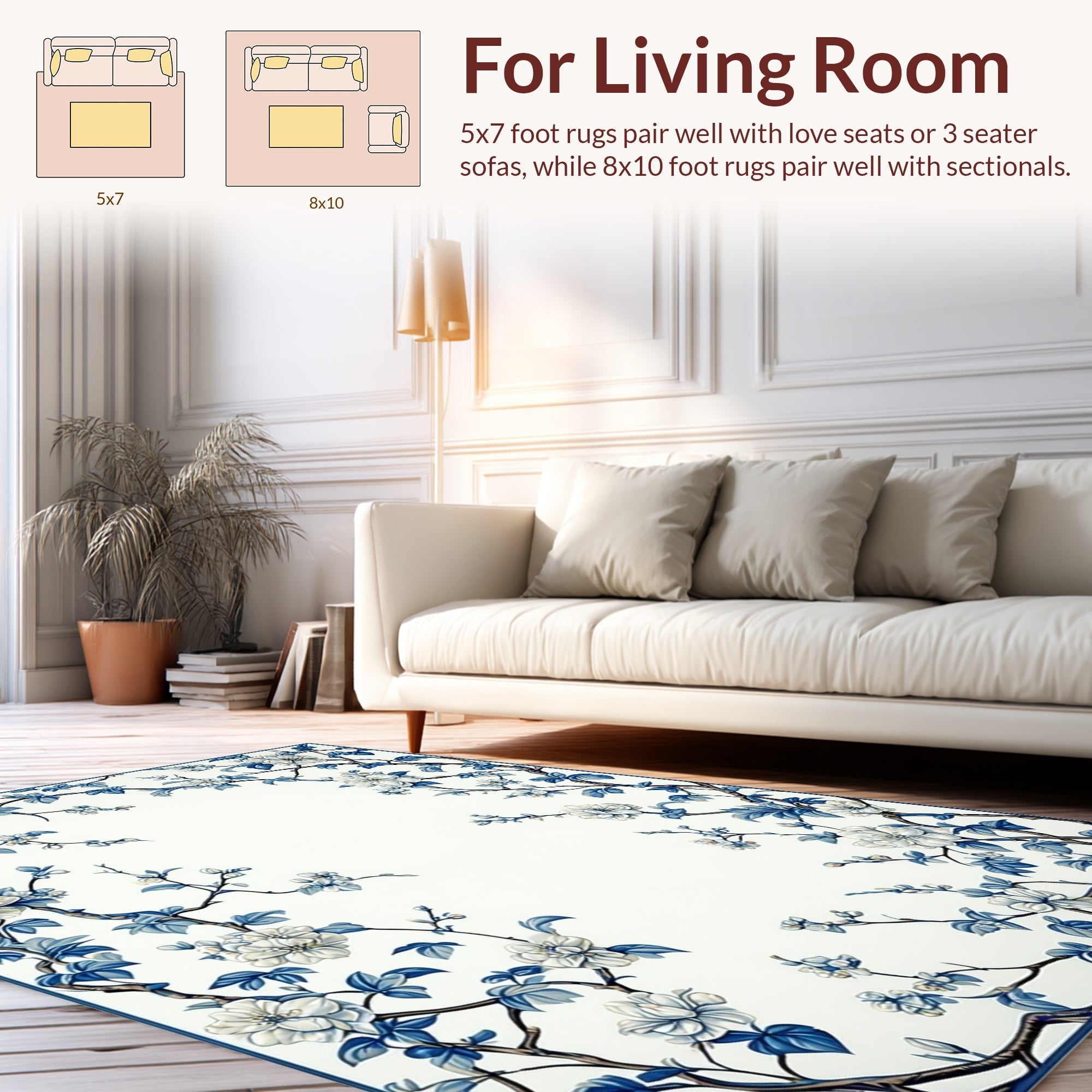 Classic White and Blue Floral Vine Rug