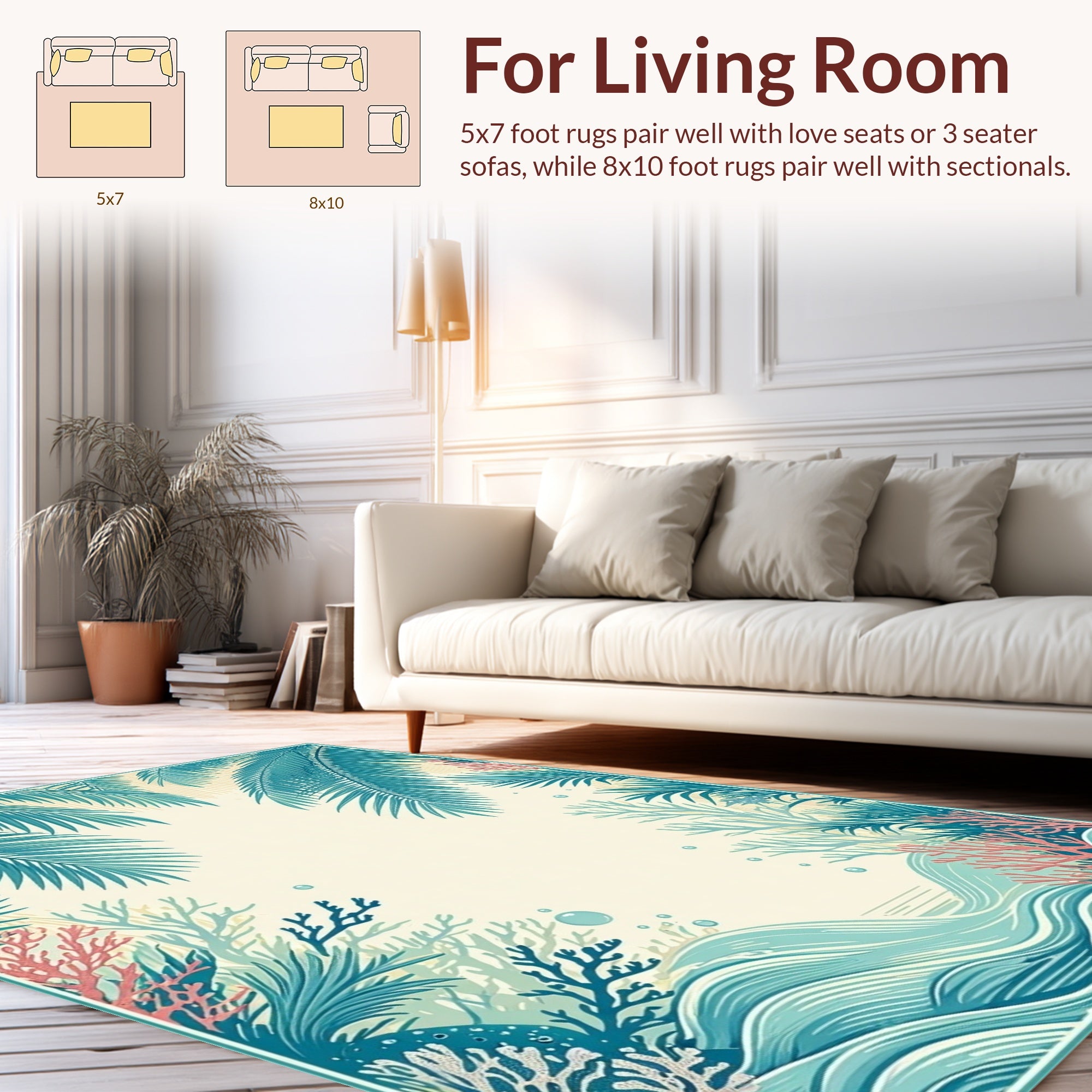 Tropical Palm Fronds and Coral Reef Design Rug