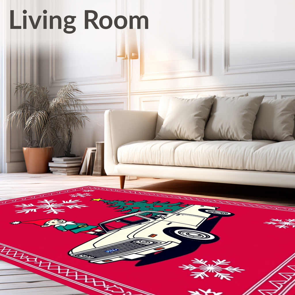 Christmas Elf with Truck Tree Snowflakes Rug