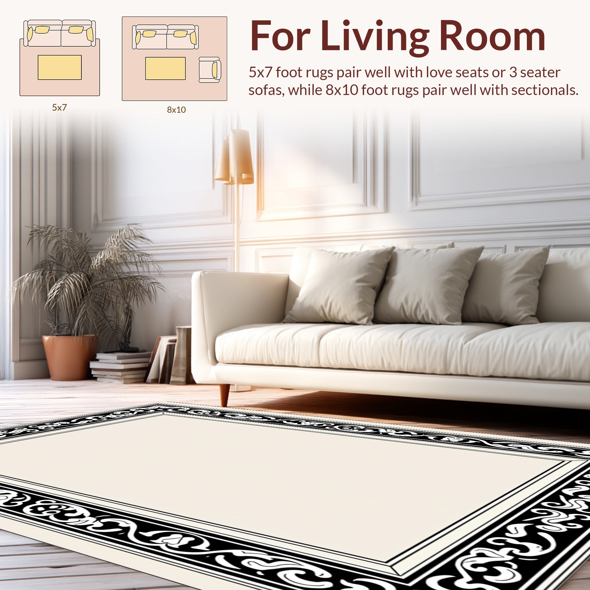 Ornate Black White Flourish Border Rug