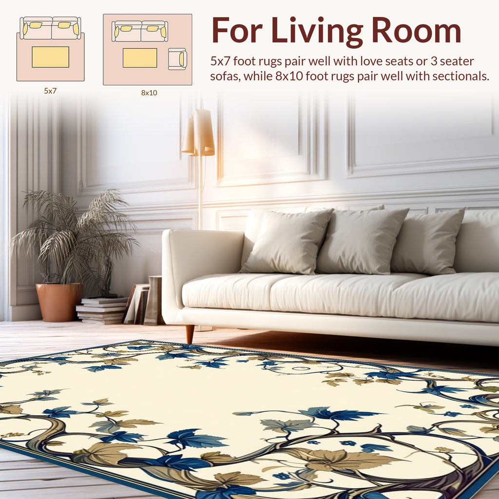 Elegant Blue Tan Floral Vines Rug