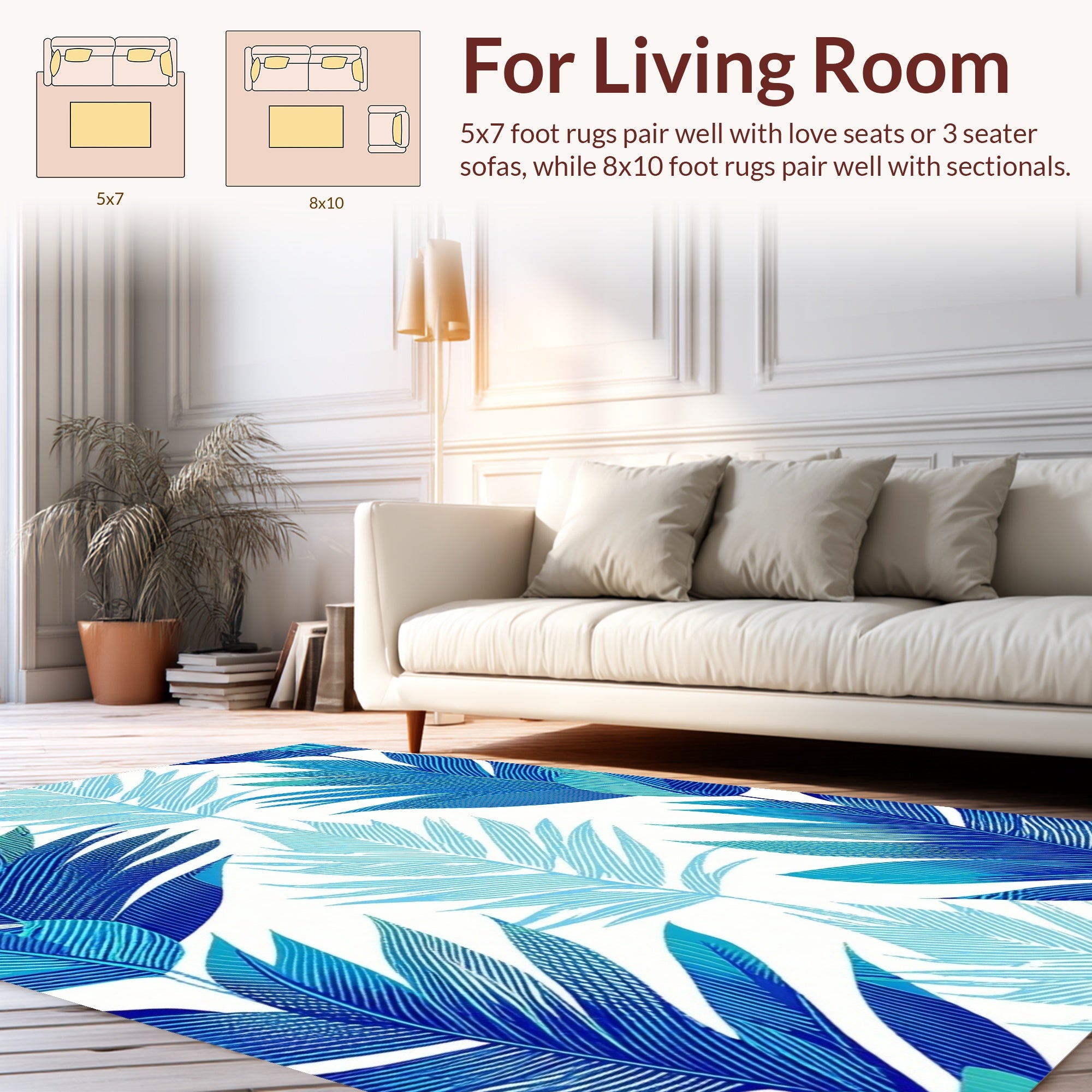 Blue Tropical Leaf Pattern Rug