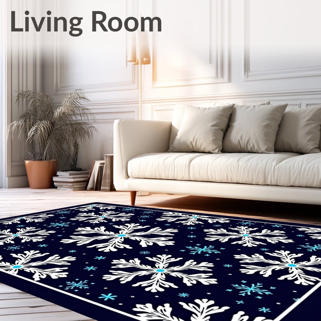 White Snowflake Dark Blue Winter Rug