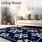 White Snowflake Dark Blue Winter Rug