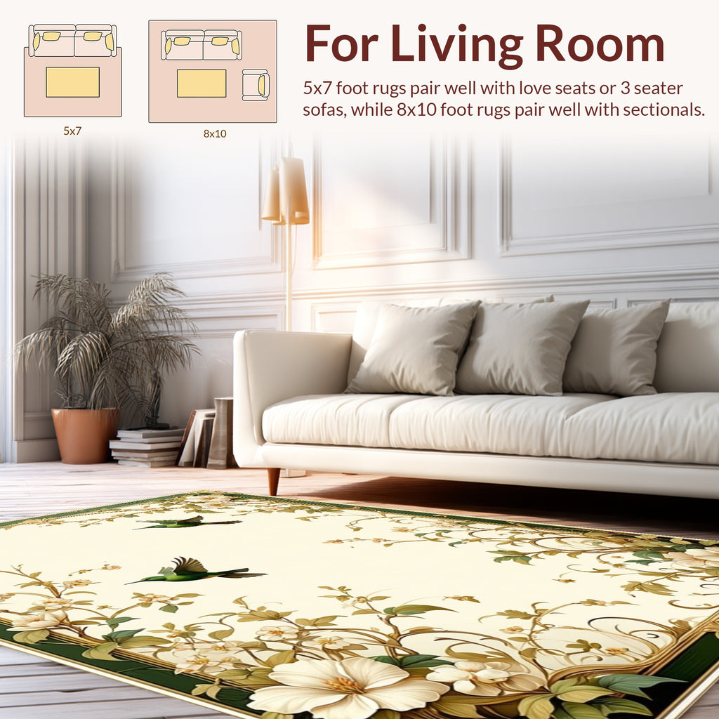 Emerald Birds Vine Floral Design Rug