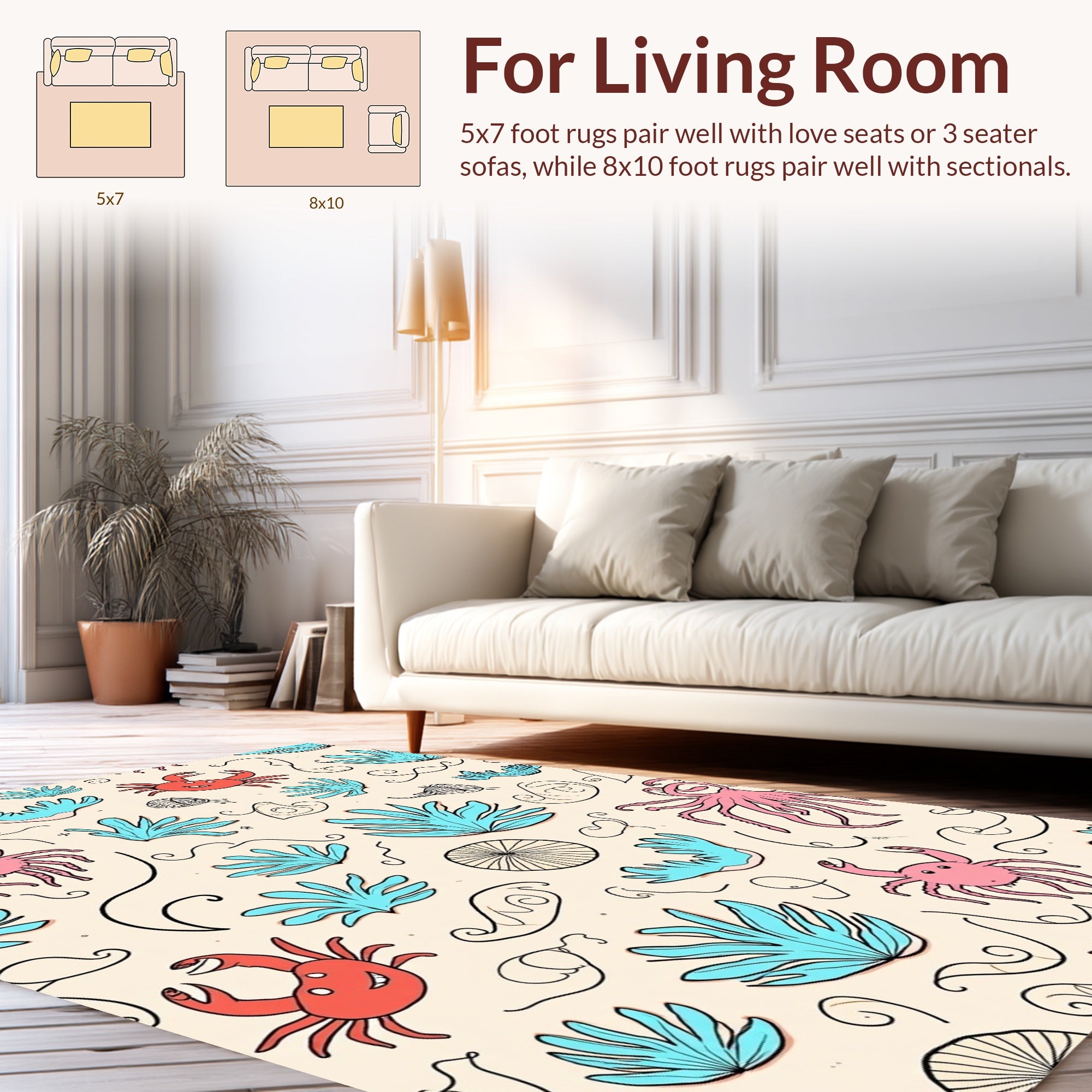 Whimsical Sea Creatures Coral Pattern Rug