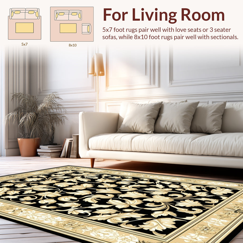 Rich Black Gold Floral Damask Rug
