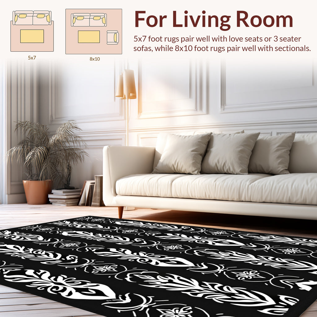 Elegant Black White Floral Stripes Rug