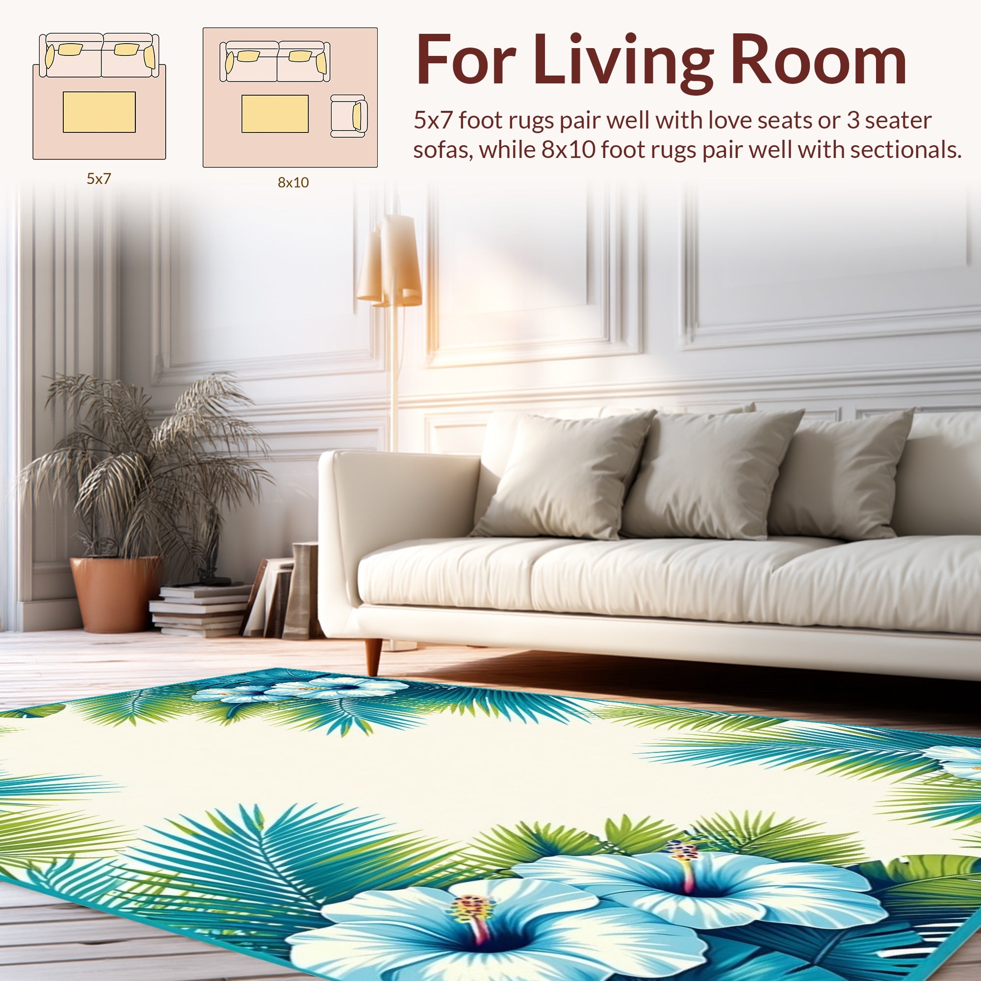 Tropical Blue Hibiscus Palm Leaf Design Rug