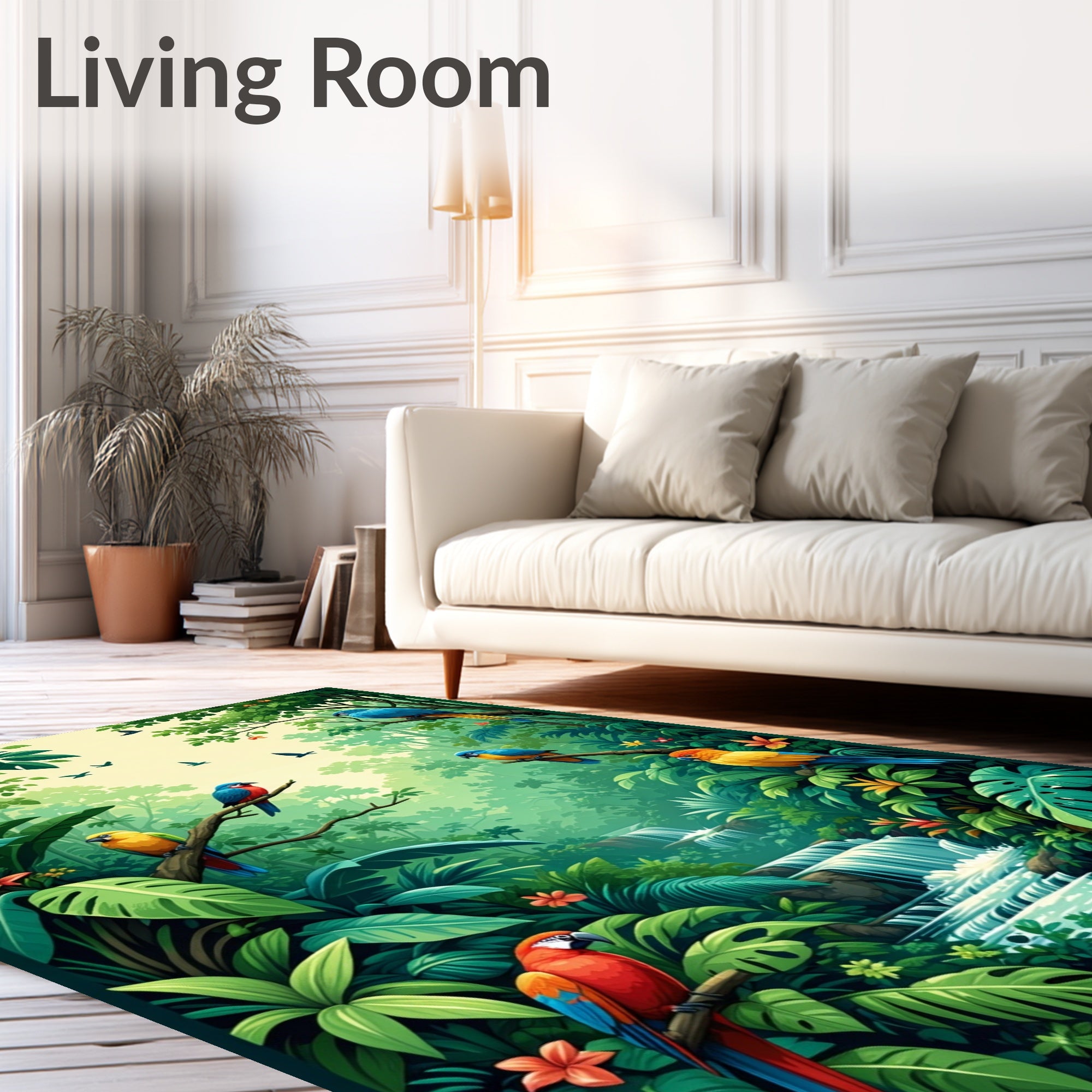 Tropical Jungle Waterfall Parrot Scene Rug