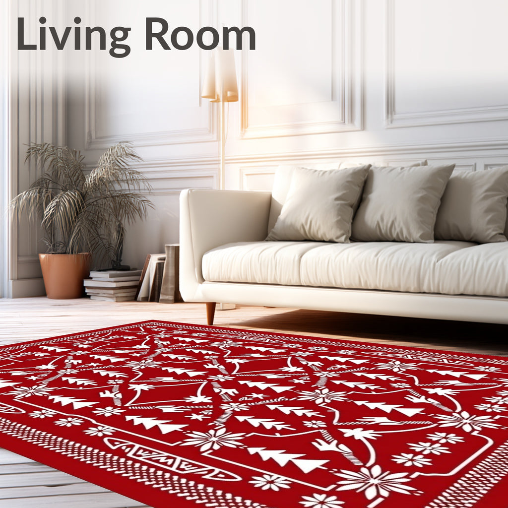 Crimson White Pinecone Floral Brocade Rug