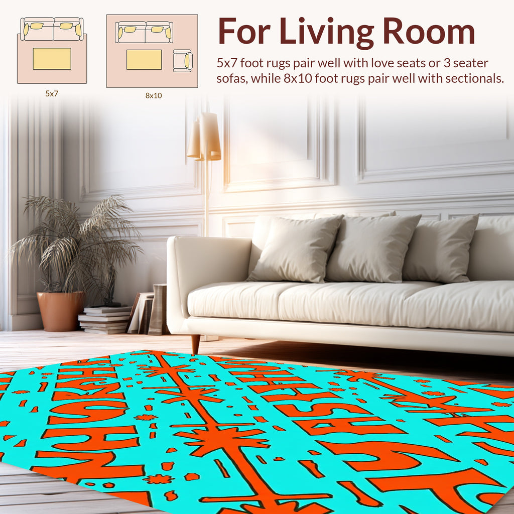 Orange Text Star Burst Pattern Rug