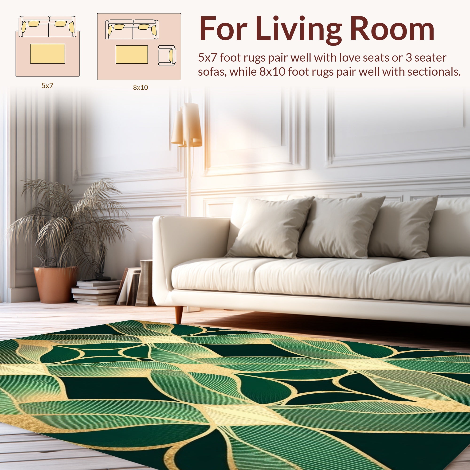 Art Deco Golden Green Leaf Pattern Rug