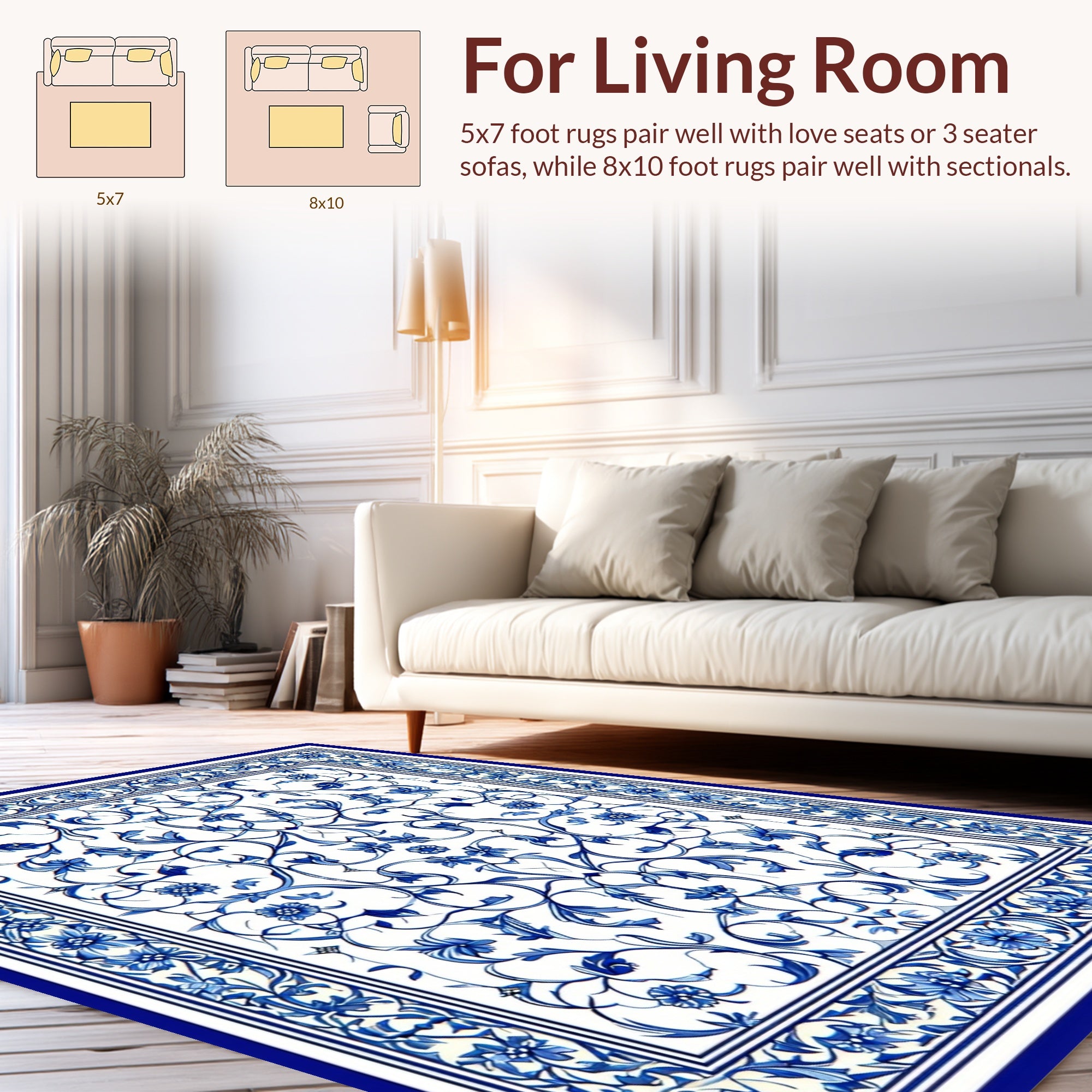Ornate Blue Floral Scrollwork Pattern Rug