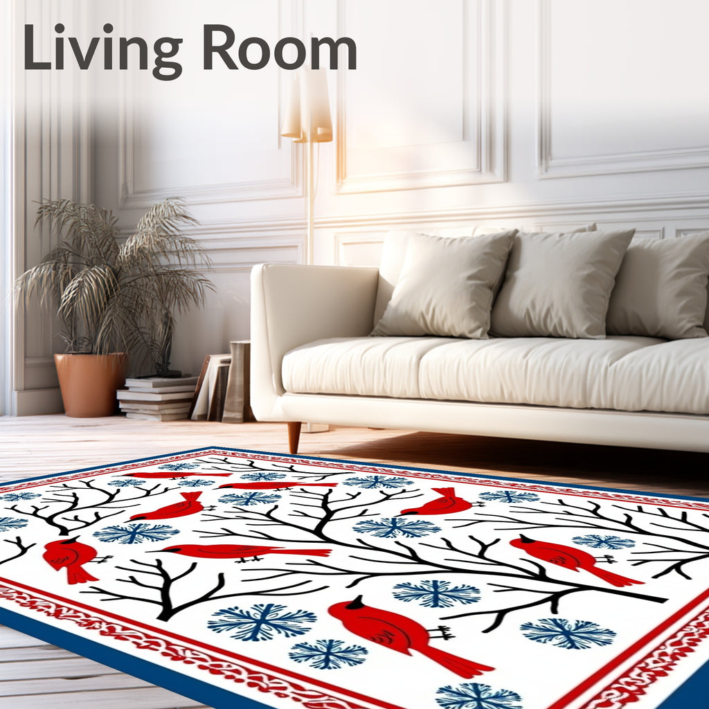 Red Birds Blue Snowflakes Tree Branches Rug