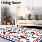 Red Birds Blue Snowflakes Tree Branches Rug