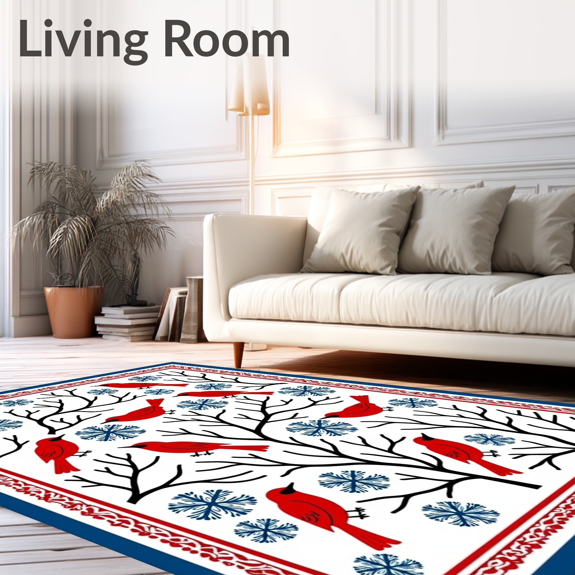 Red Birds Blue Snowflakes Tree Branches Rug