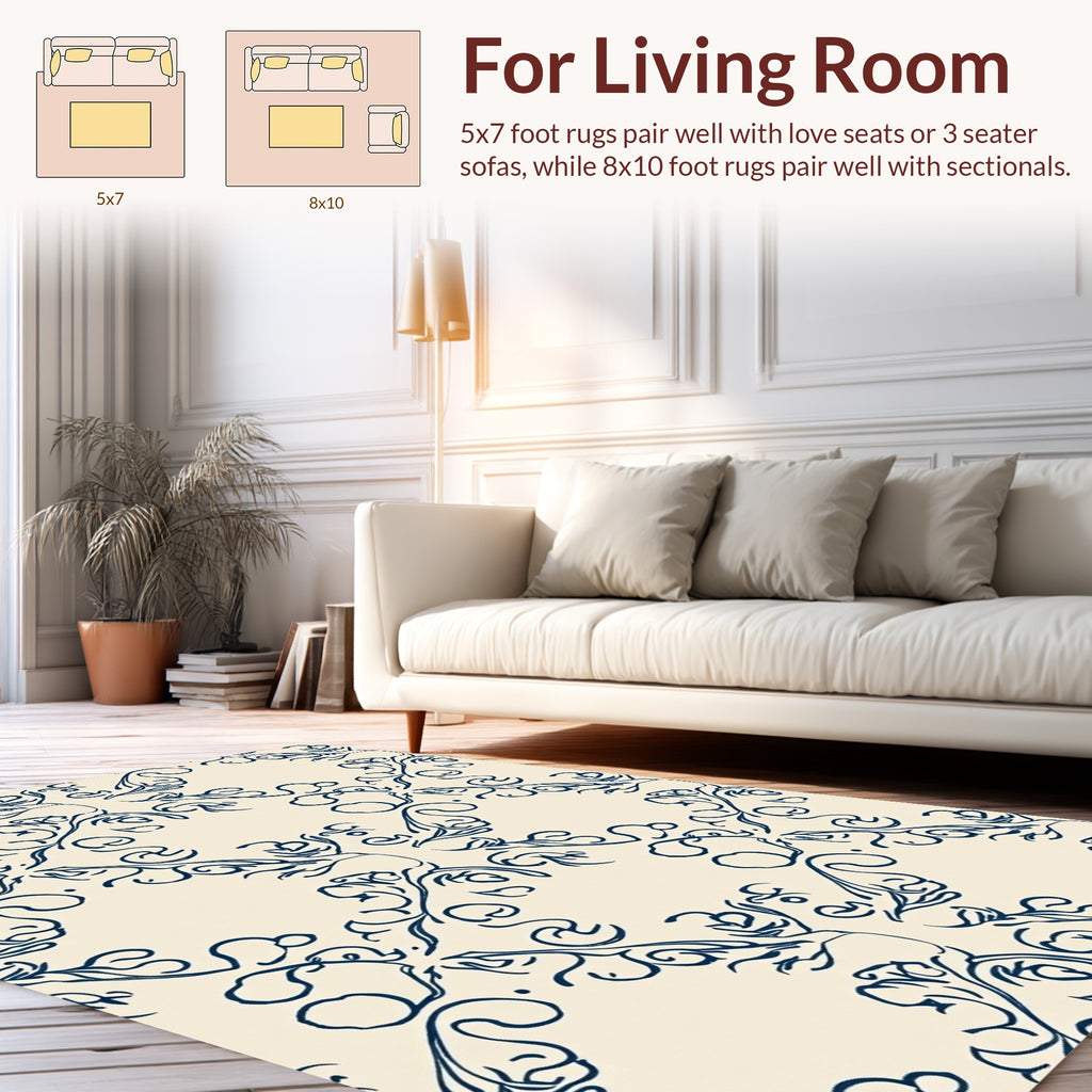 Classic Blue Swirling Vine Pattern Rug