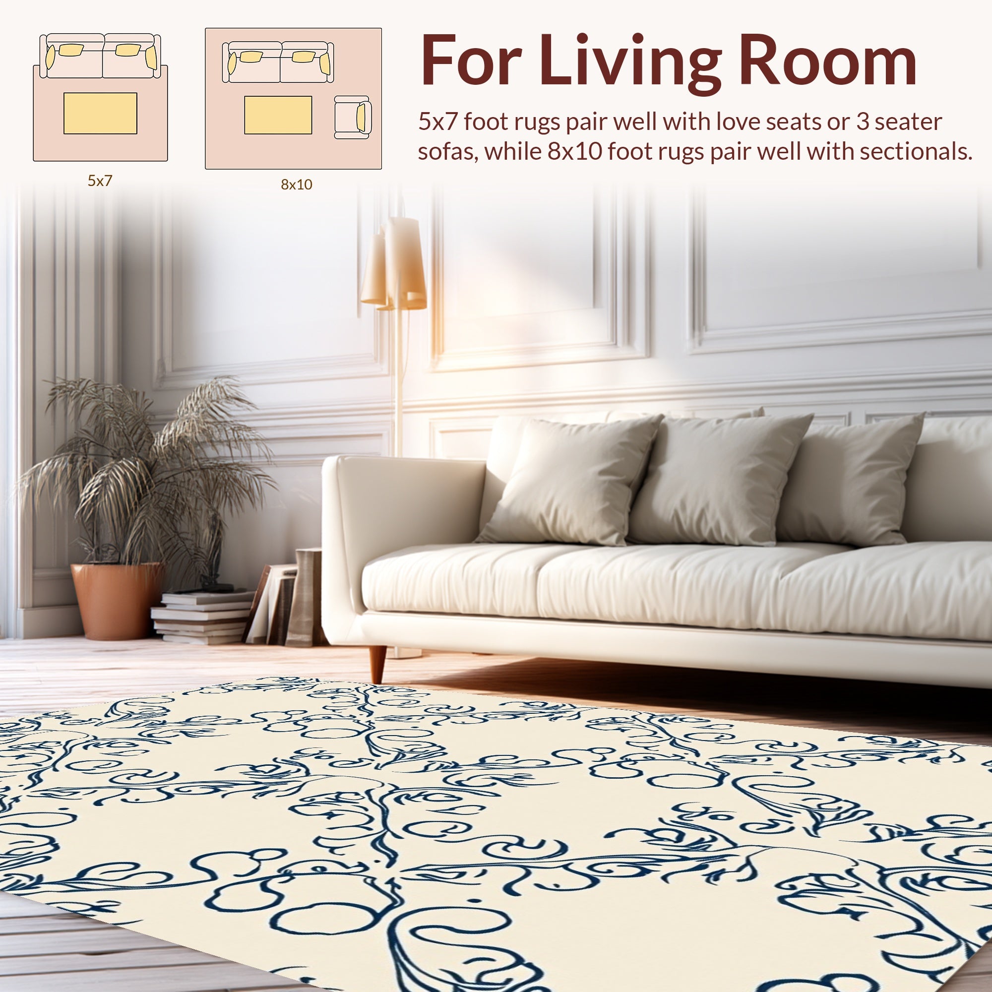 Classic Blue Swirling Vine Pattern Rug