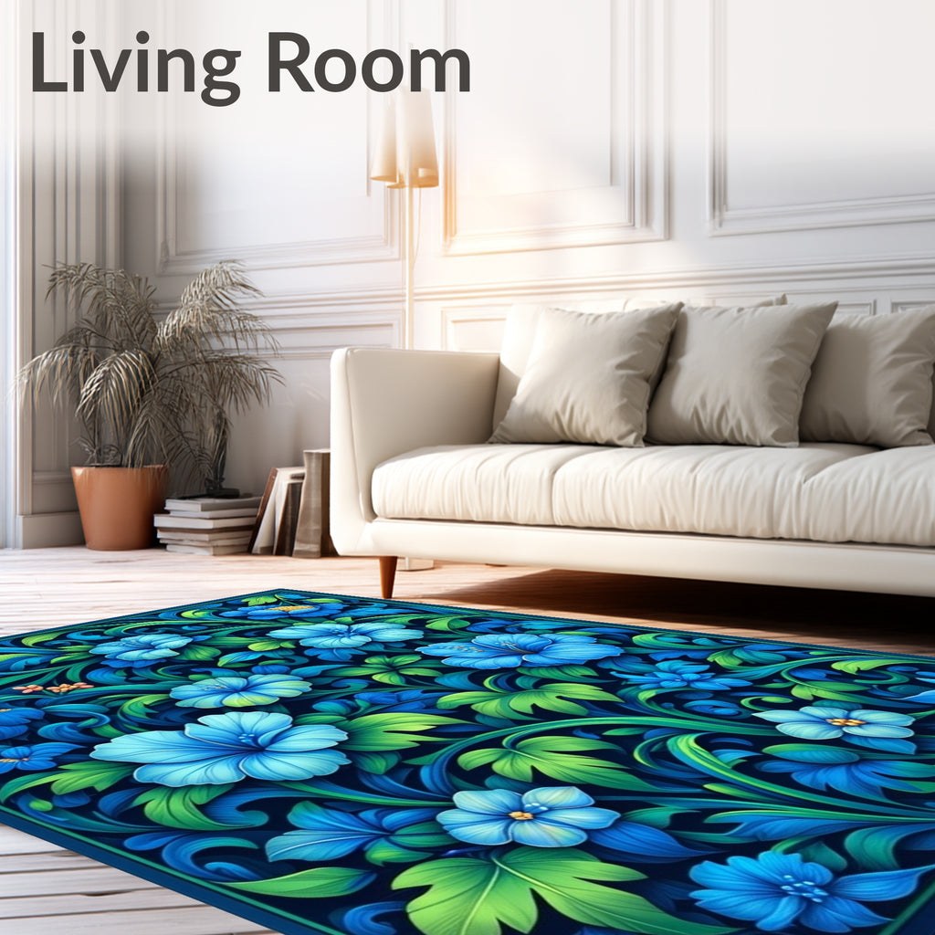 Deep Blue Floral Swirls Rug