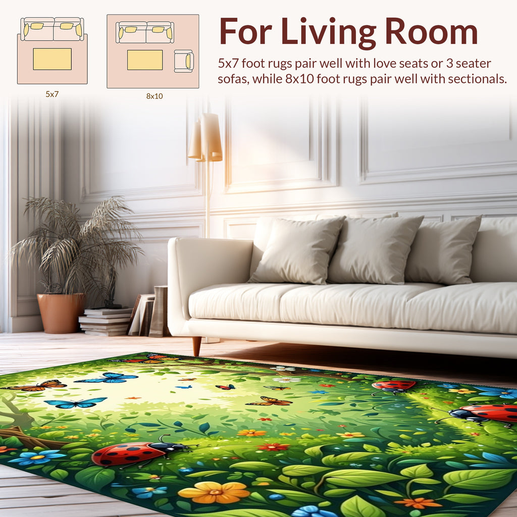 Vibrant Summer Meadow Butterfly and Ladybug Design Rug