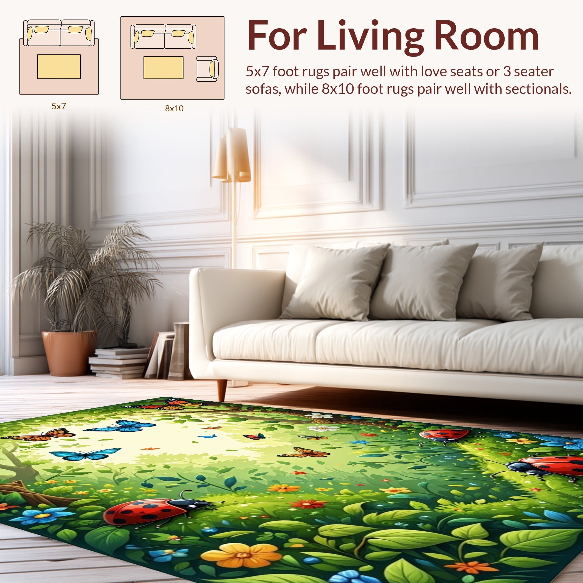 Vibrant Summer Meadow Butterfly and Ladybug Design Rug