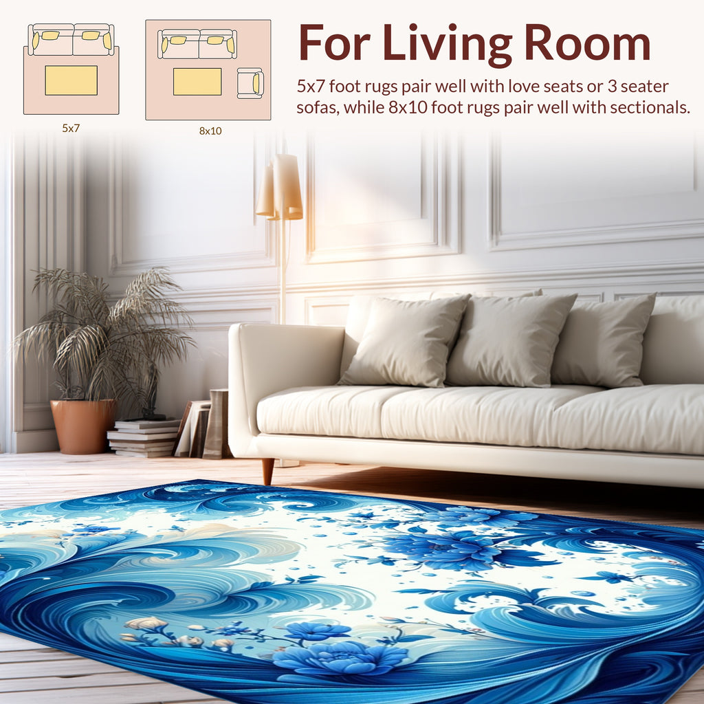Blue Floral Swirls And Waves Design Rug