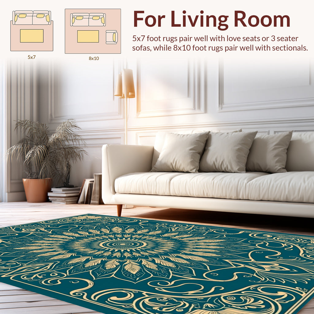 Intricate Teal Golden Mandala Design Rug