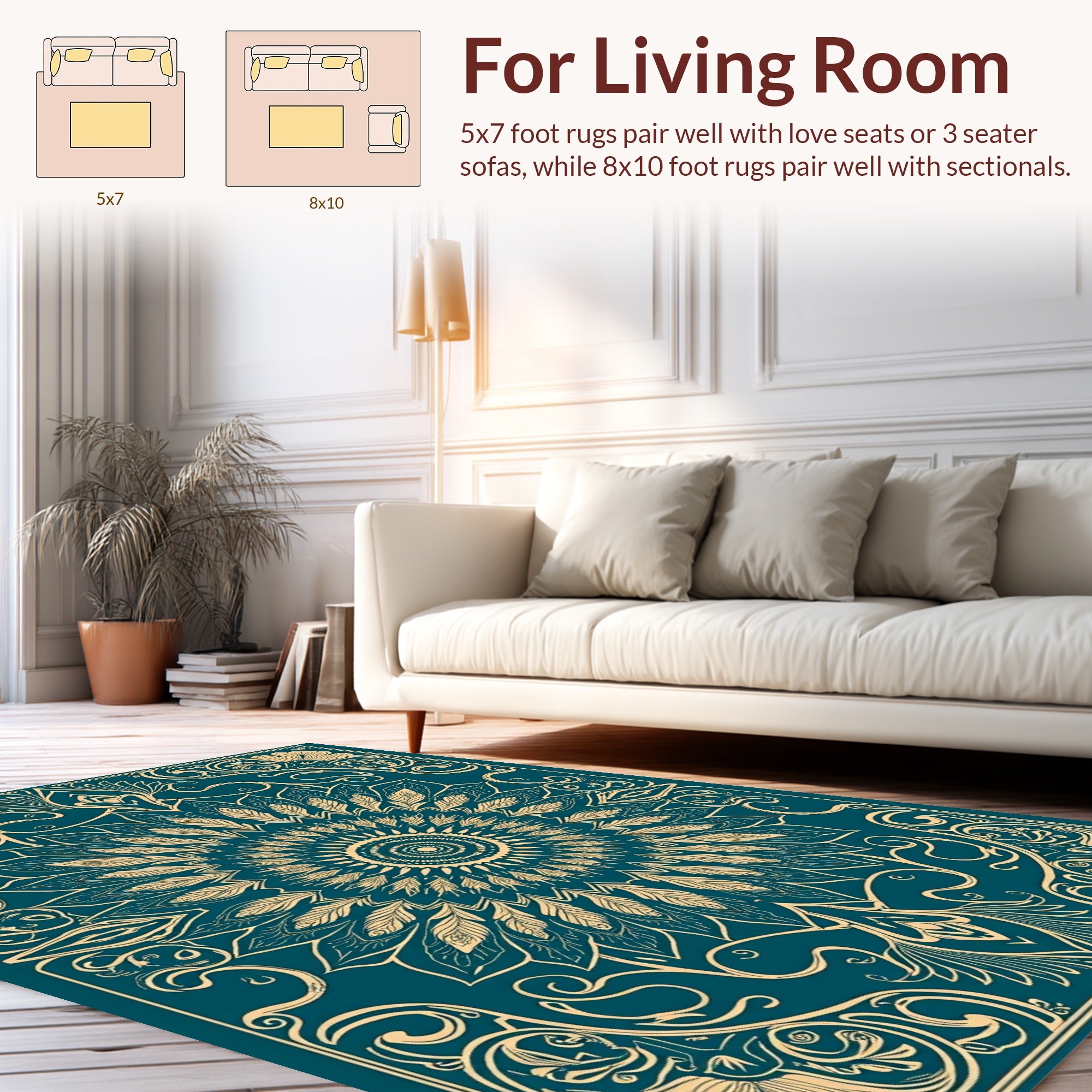 Intricate Teal Golden Mandala Design Rug
