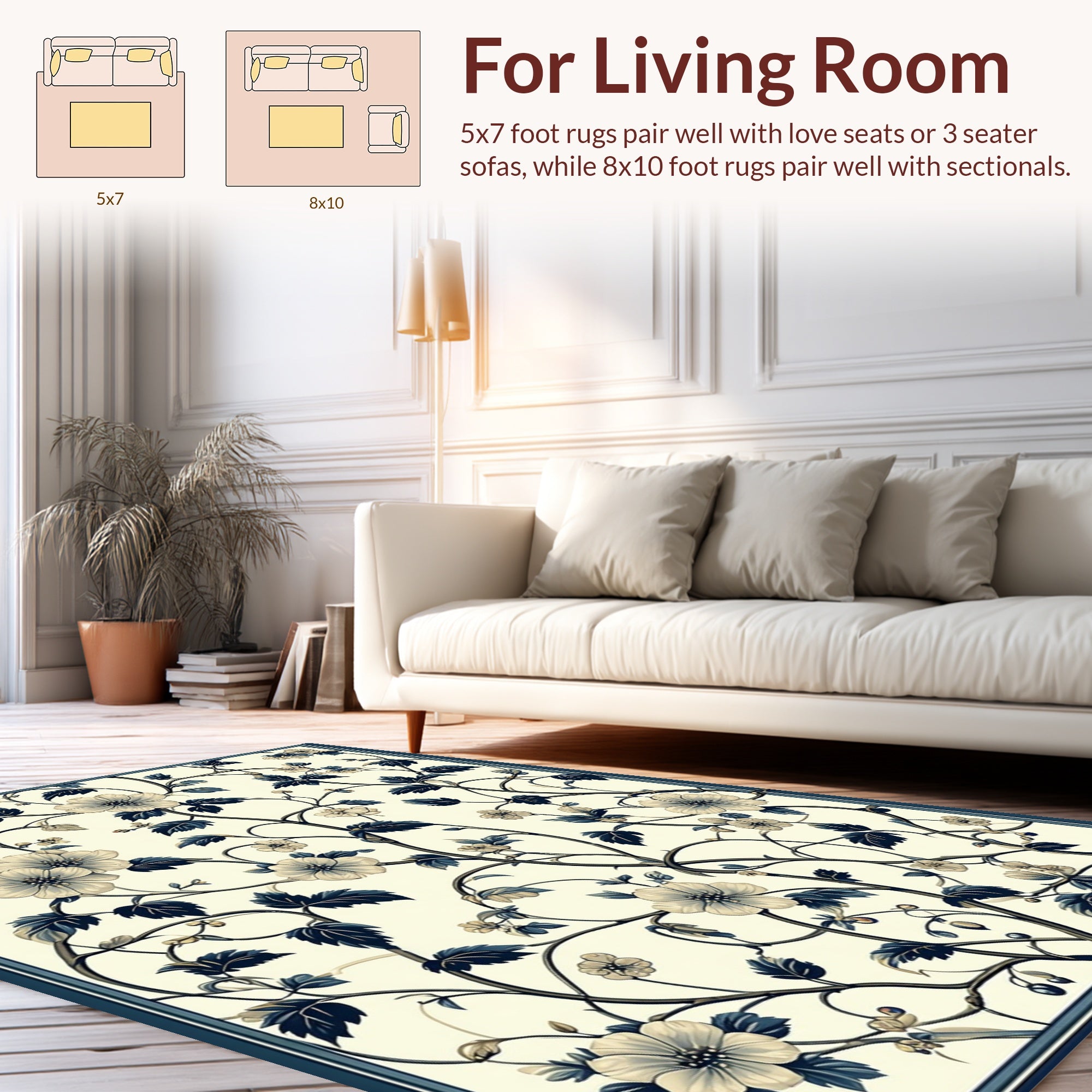Cream Navy Floral Vine Pattern Rug